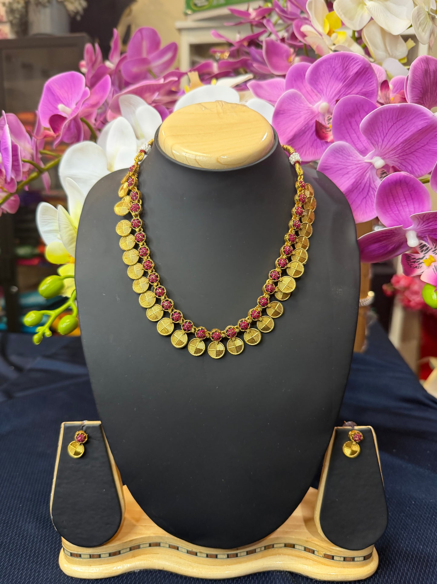 Indian Necklace & Earrings Ruby Pink Addiyal Jewellery Set V4