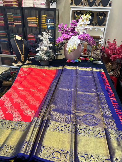 Bridal Kanchipuram Pure Silk Saree Red & Blue Kanjivaram Sari| SPK130