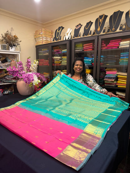 Kanchipuram Pure Silk Saree Pink & Green Kanjivaram Sari| SPK205