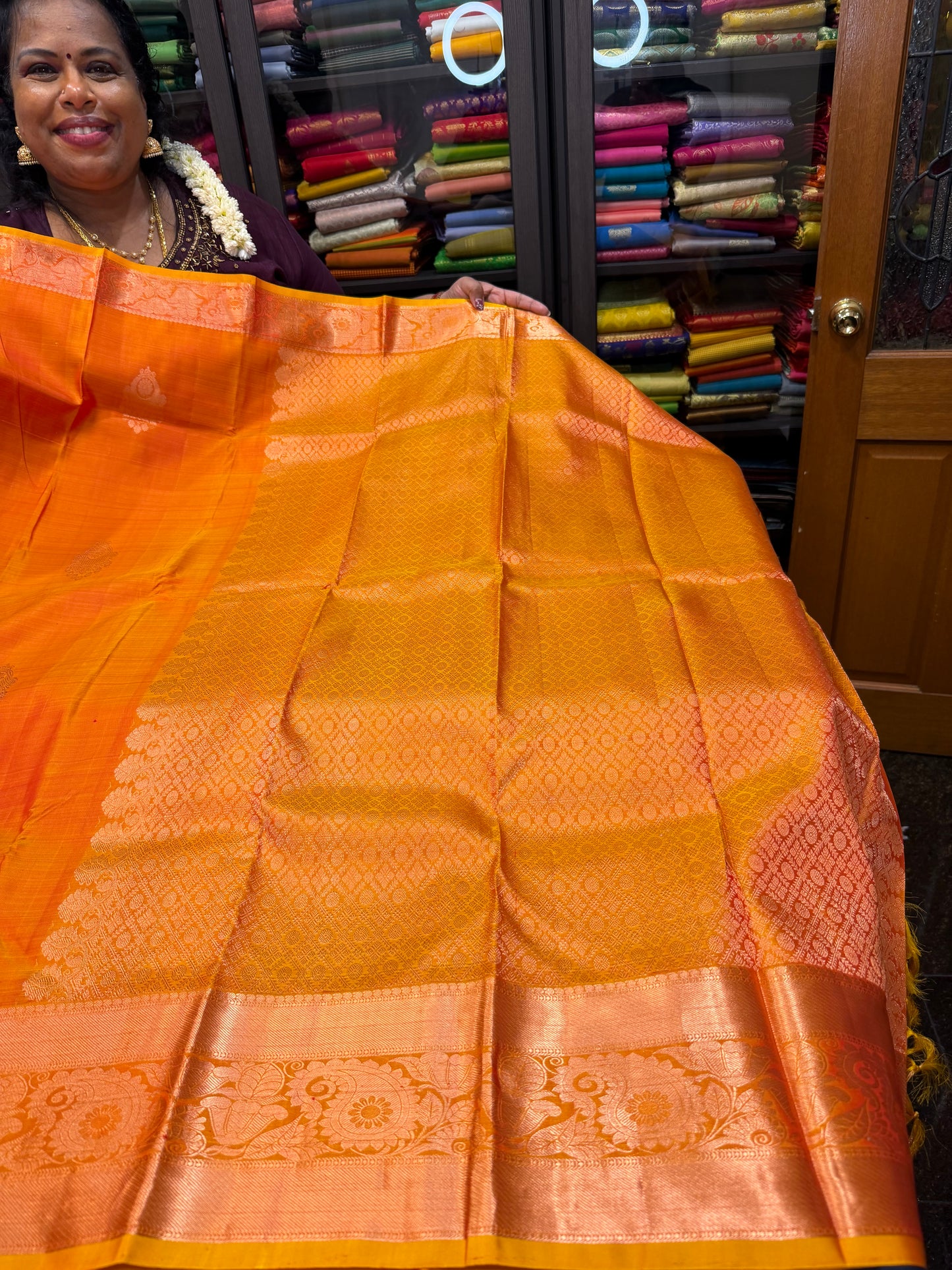 Kanchipuram Pure Silk Saree Bridal Orange Kanjivaram Sari SPK297