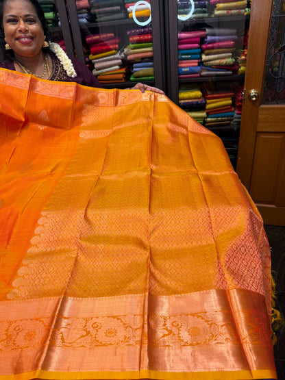 Kanchipuram Pure Silk Saree Bridal Orange Kanjivaram Sari SPK297
