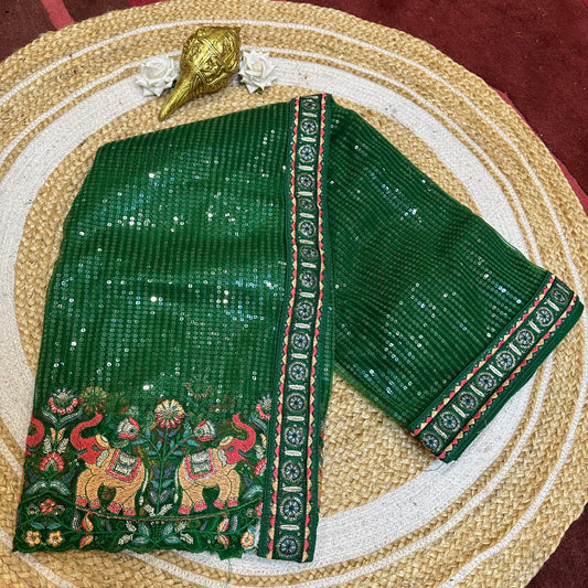 Sequins Net Sari Indian Fancy Saree Green V1