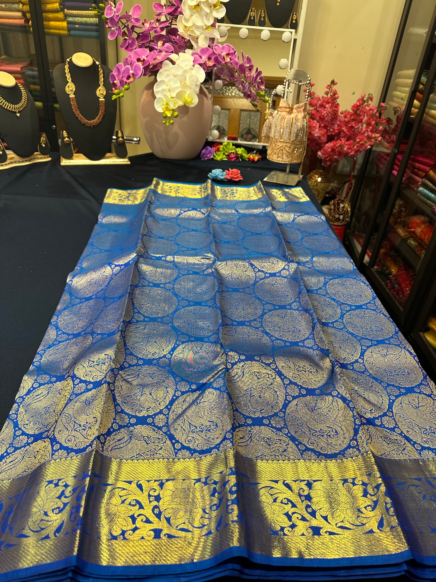 Kanchipuram Bridal Pure Silk Saree with Gold Zari Blue & Gold Sari| SPK084