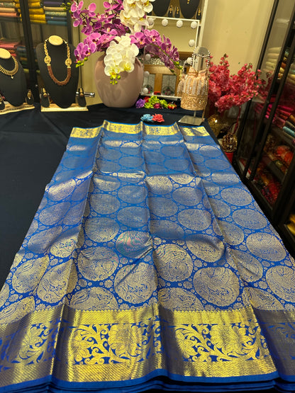 Kanchipuram Bridal Pure Silk Saree with Gold Zari Blue & Gold Sari| SPK084