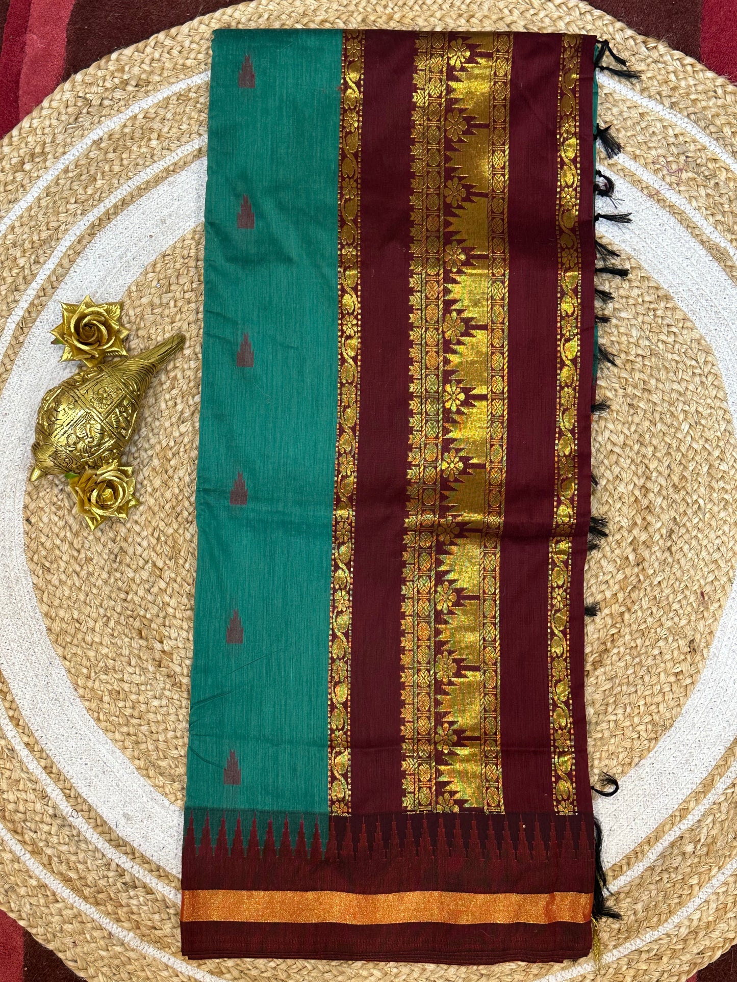 Kalyani Silk Cotton Sari Indian Saree Aqua & Burgundy S51