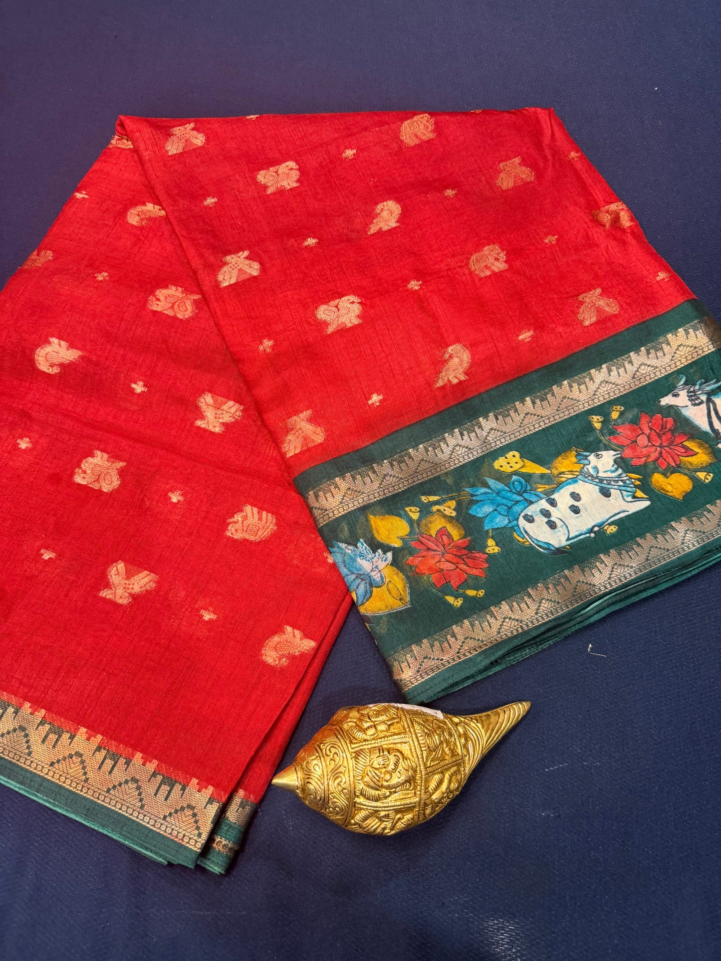 Red & Green Pichwai Silk Sari Indian Fancy Saree C4
