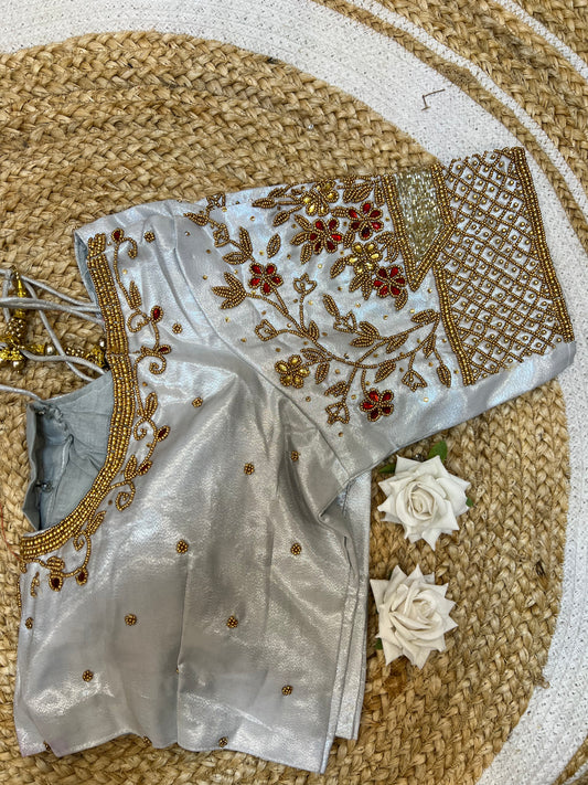 40” Aari hand Worked Sari Blouse Indian Top Choli Silk White B28