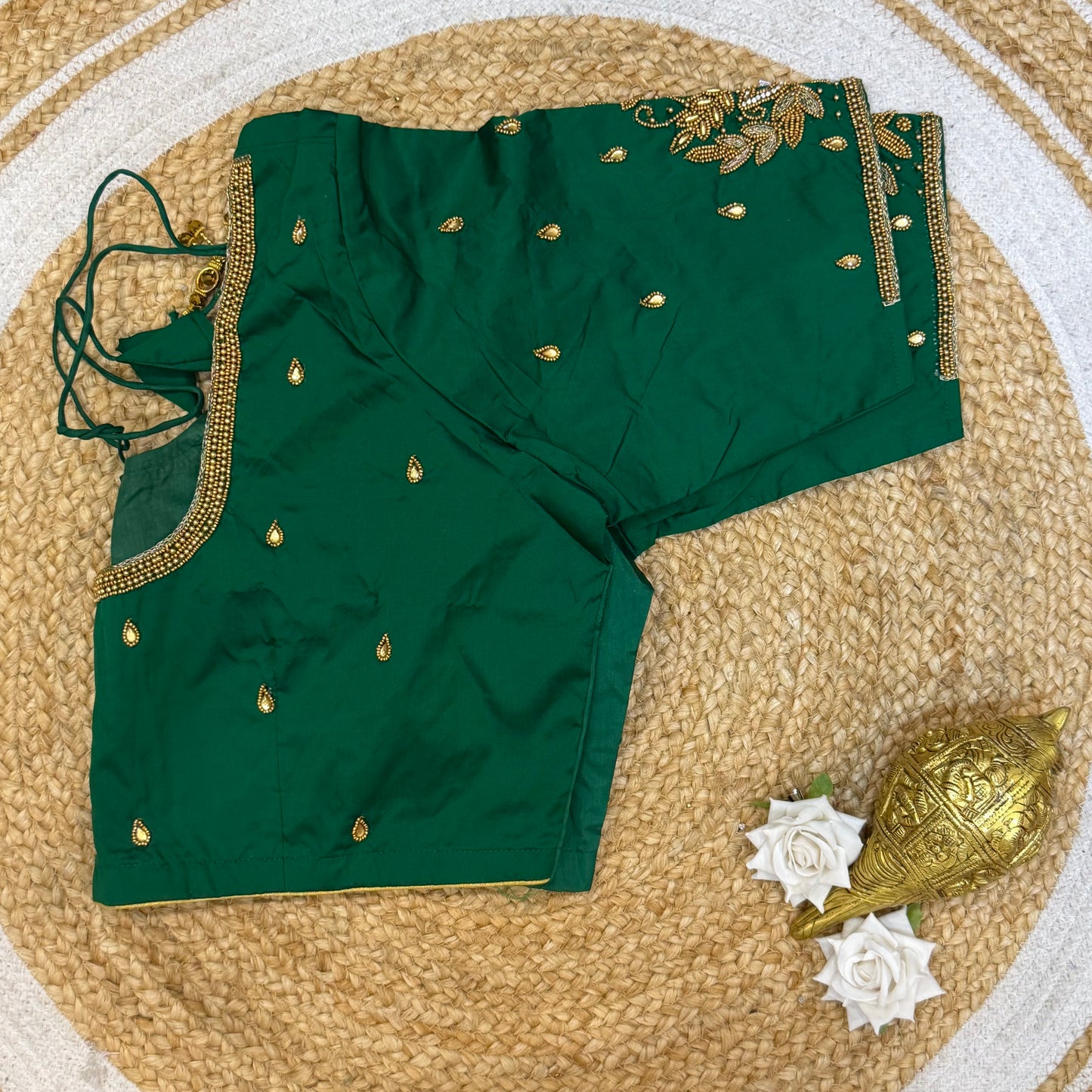 46” Size 16 Aari Worked Sari Blouse Indian Saree Top Silk Bottle Green B223