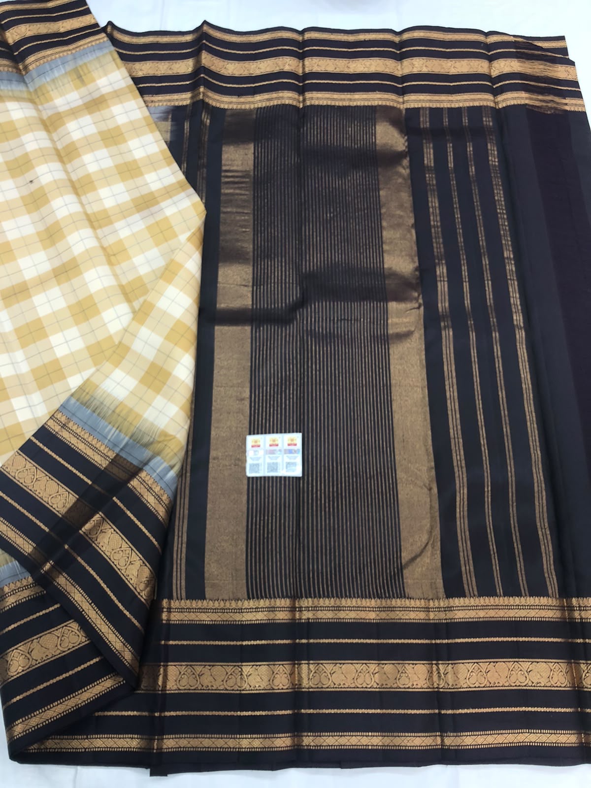 Vintage Kanchipuram Pure Silk Saree Indian Checkered Kanjivaram Sari SPK324