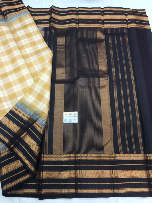Vintage Kanchipuram Pure Silk Saree Indian Checkered Kanjivaram Sari SPK324