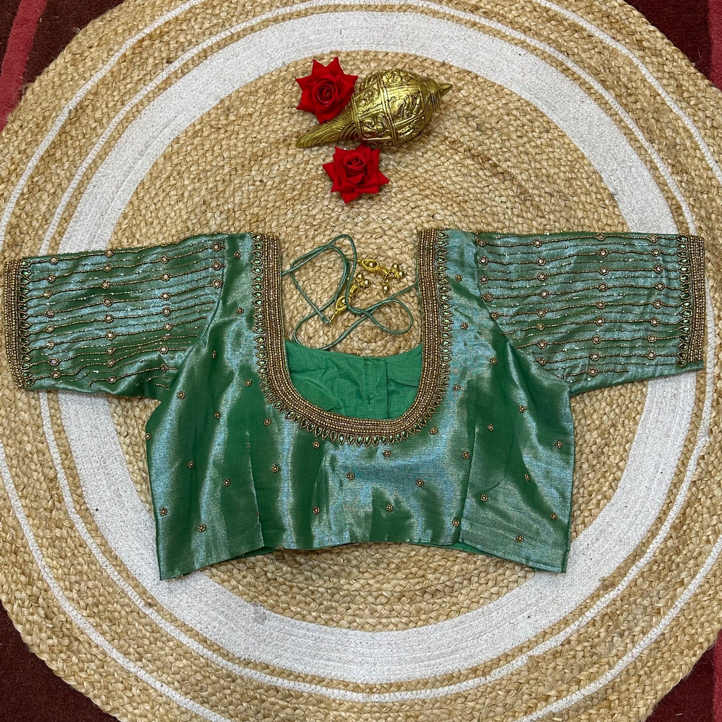 38” M Size 8 Aari Worked Sari Blouse Indian Saree Top Metallic Green B296