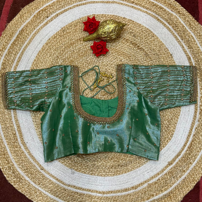 38” M Size 8 Aari Worked Sari Blouse Indian Saree Top Metallic Green B296