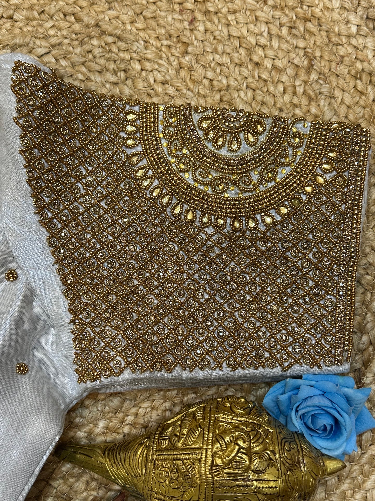 40” Size 10 Aari Worked Sari Blouse Indian Saree Top Silk Silver B180