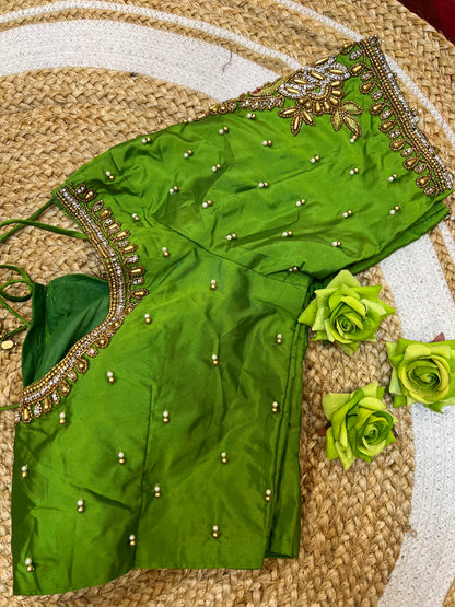 40” Aari hand Worked Sari Blouse Indian Top Choli Silk Green B44