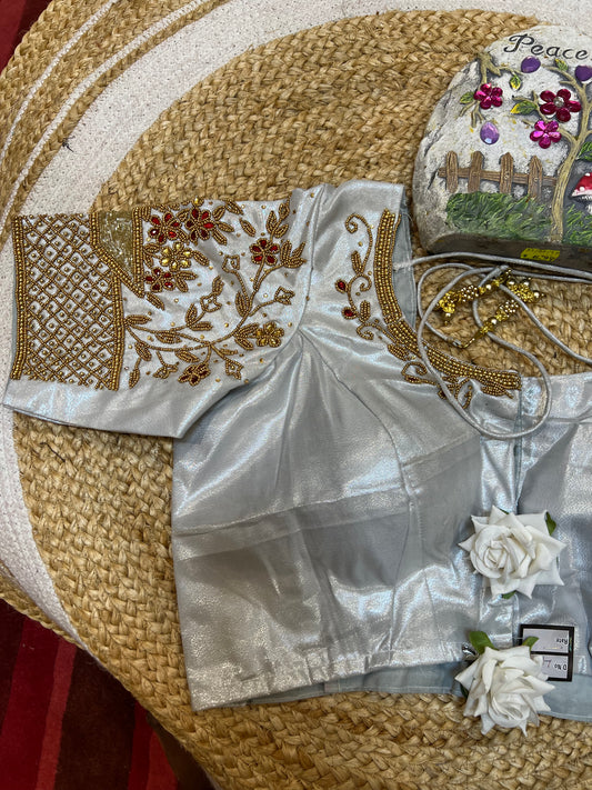 40” Aari hand Worked Sari Blouse Indian Top Choli Silk White B28