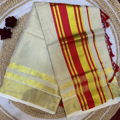Red Kerala Vishu Sari Indian Cream Tissue Saree C35 - Col 7