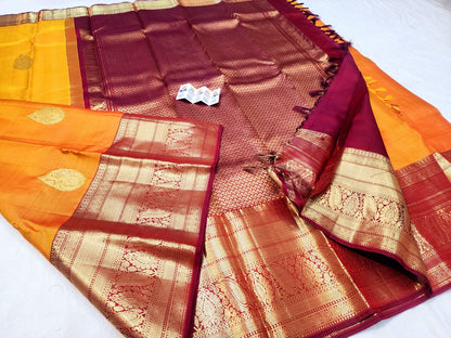 Kanchipuram Pure Silk Saree Bridal Mango Yellow Kanjivaram Sari SPK292