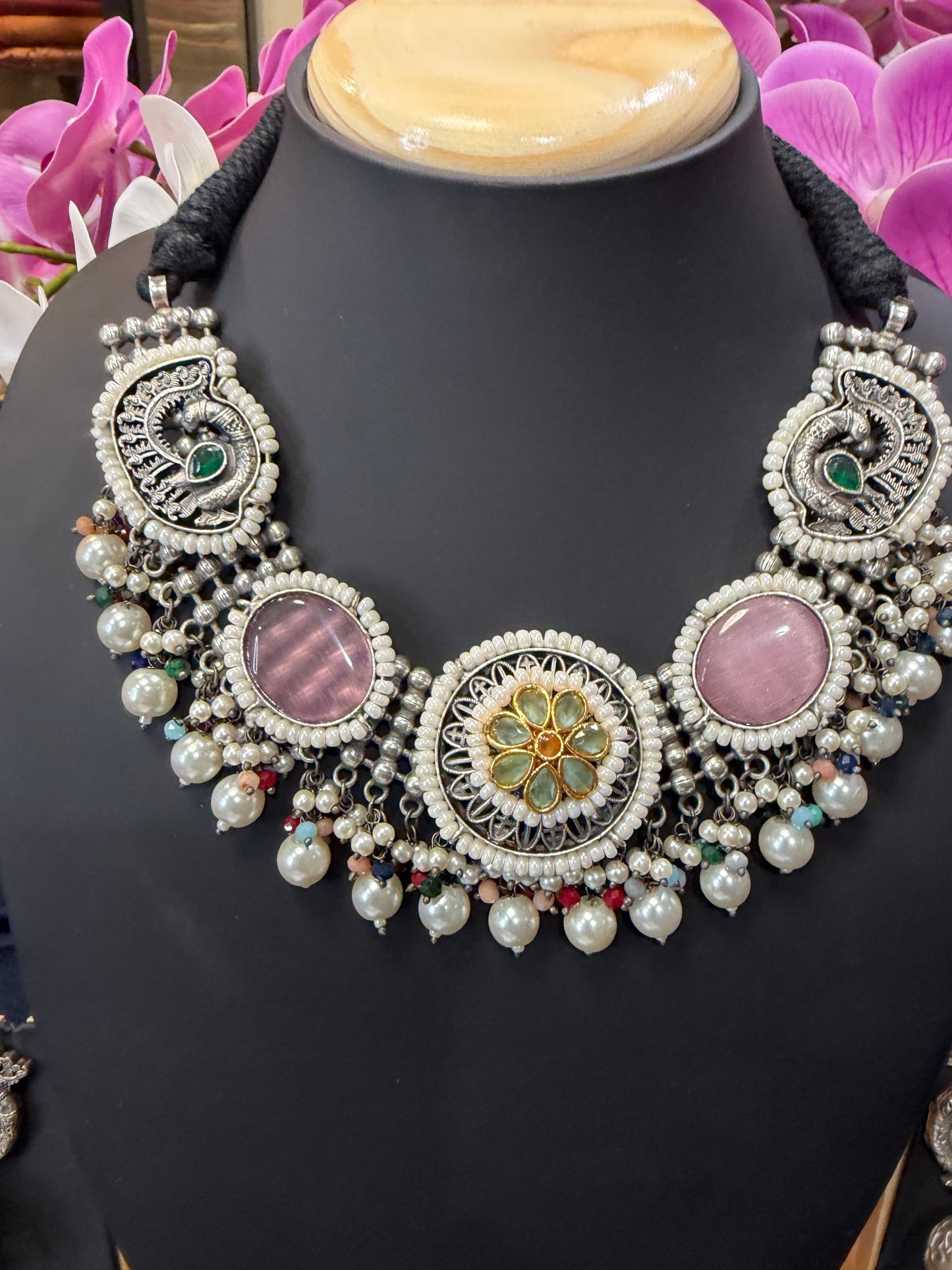 Handmade Brass Necklace with Silver polish Indian Tribal Pink Jewellery N91
