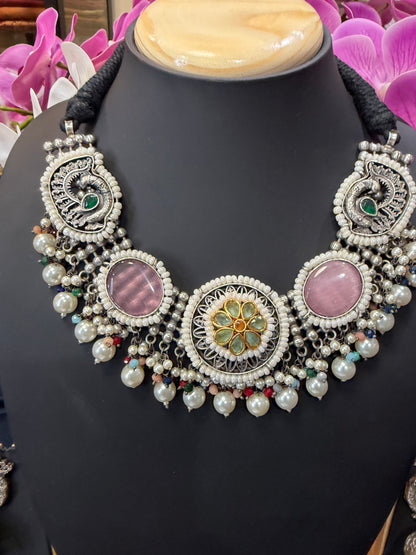 Handmade Brass Necklace with Silver polish Indian Tribal Pink Jewellery N91