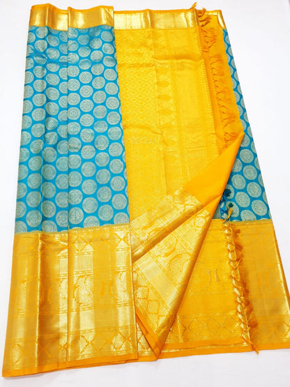 Bridal Kanchipuram Pure Silk Saree Bluish Green & Yellow Kanjivaram Sari| SPK158