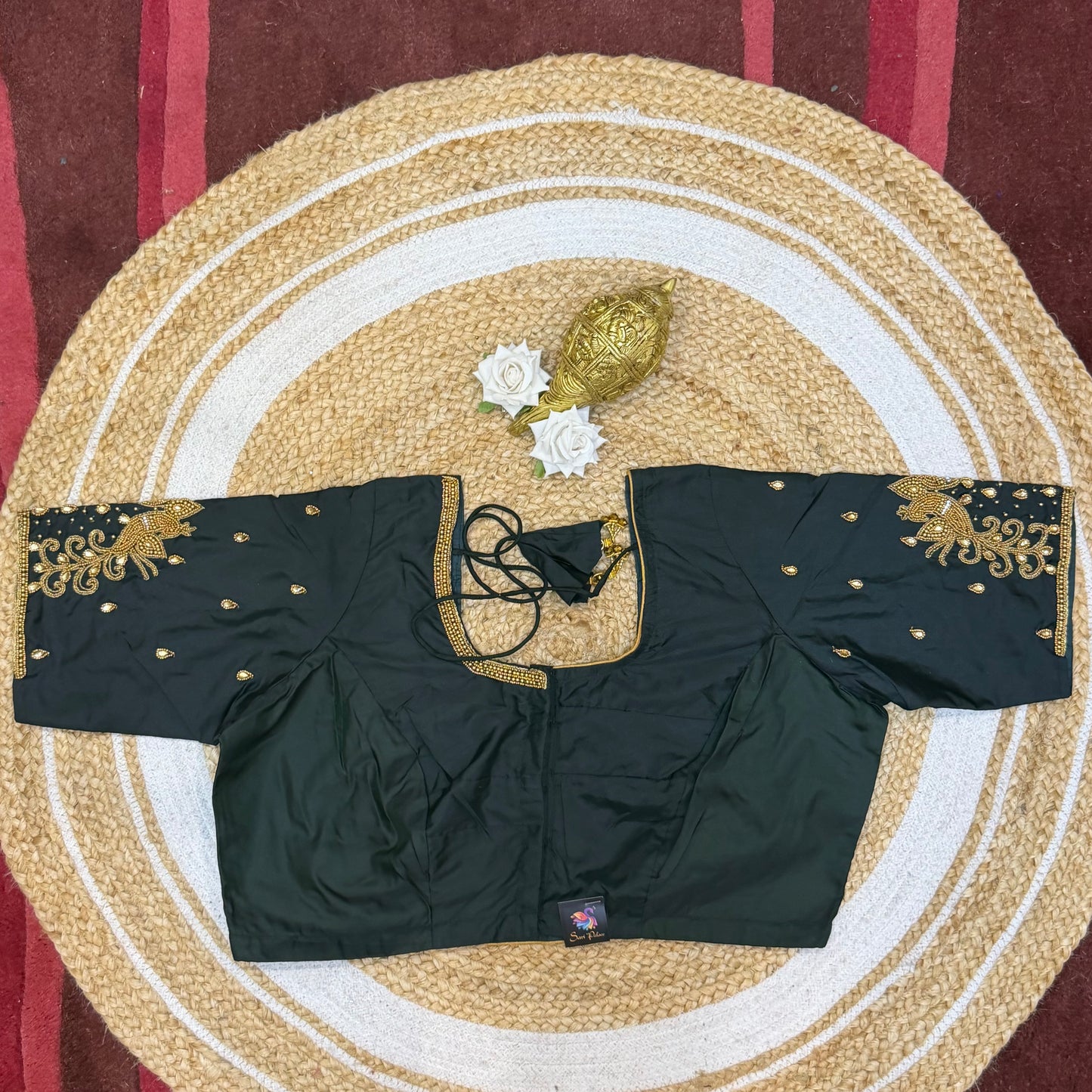 46” Size 16 Aari Worked Sari Blouse Indian Saree Top Silk Black B221
