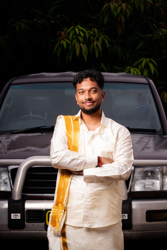 Men’s South Indian Silk Groom’s Shirt Cream Gold V6