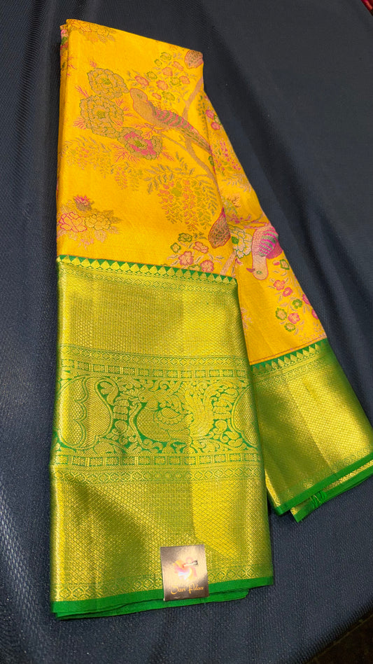 Bridal Kanchipuram Pure Silk Saree Yellow & Green Kanjivaram Sari| SPK099