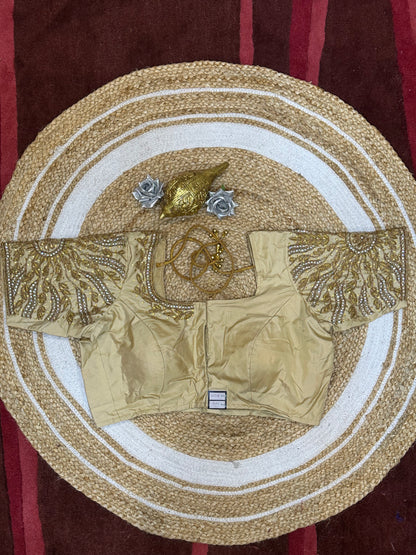 44” Size 14 Aari Worked Sari Blouse Indian Saree Top Silk Creamy Gold B135