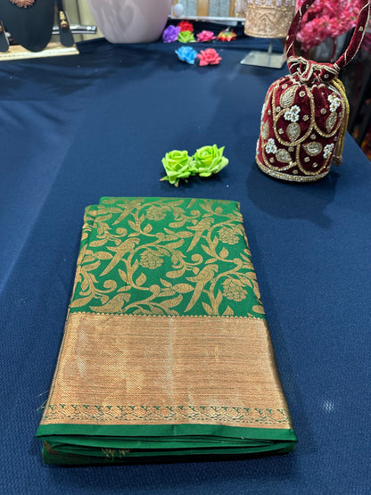 Kanchipuram Pure Silk Saree Green & Copper Kanjivaram Sari| SPK129