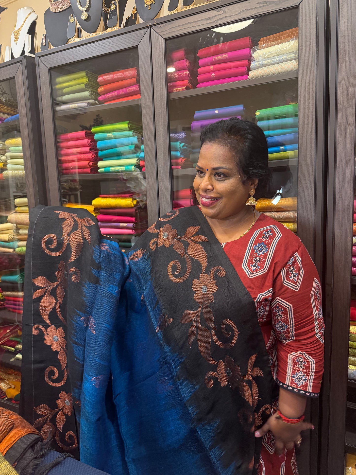 Silk Cotton Linen Sari Indian Saree Copper Jari Magenta Blue Black S124