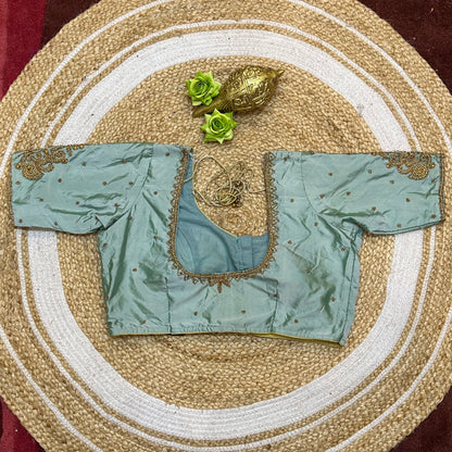 44” Size 14 Aari Worked Sari Blouse Indian Saree Top Silk Pastel Blue B246