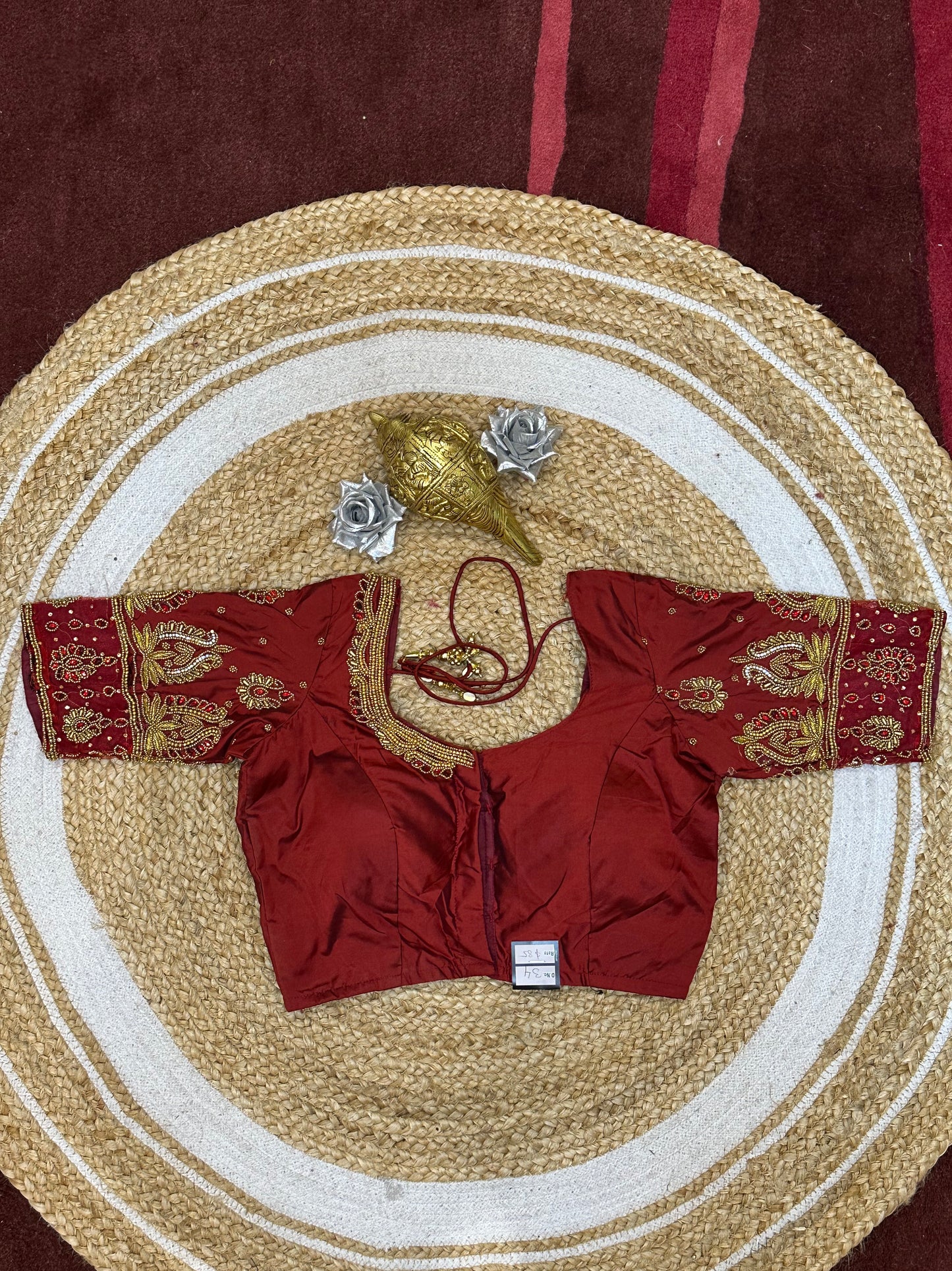 34” XSmall Aari Worked Sari Blouse Indian Saree Top Silk Maroon B115