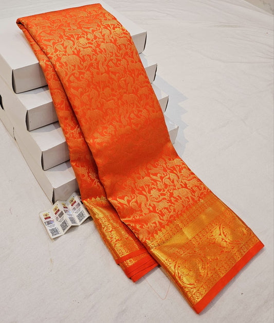 Kanchipuram Pure Silk Saree Bridal Orange Kanjivaram Sari SPK279