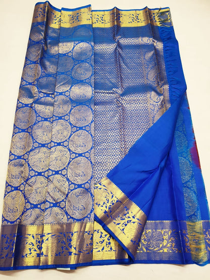 Kanchipuram Bridal Pure Silk Saree with Gold Zari Blue & Gold Sari| SPK084
