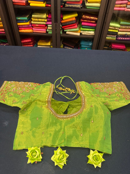 40” Aari hand Worked Sari Blouse Indian Top Choli Silk Green Gold B12