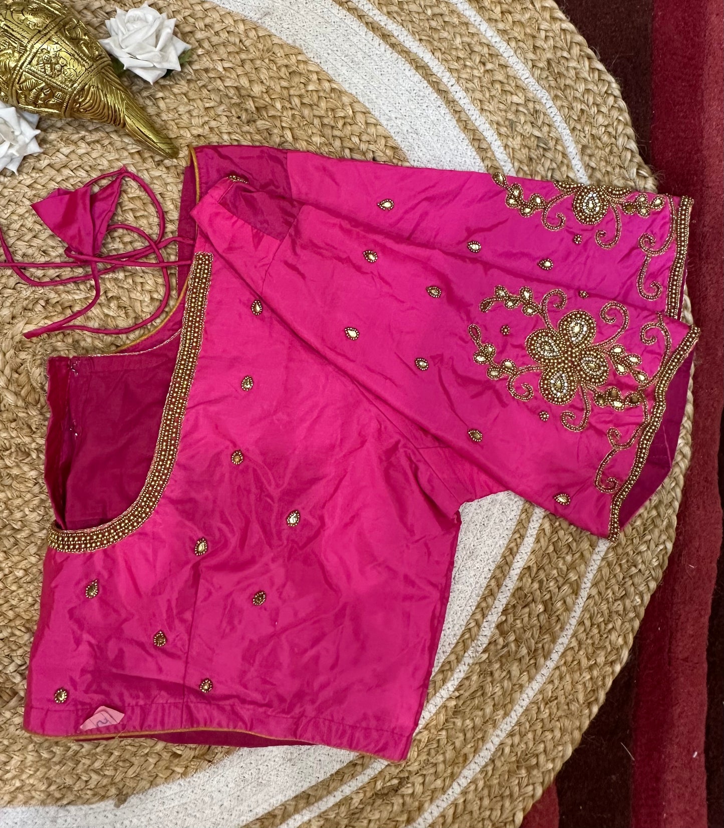 50” Size 20 Aari Worked Sari Blouse Indian Saree Top Silk Pink B63