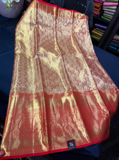 Bridal Tissue Kanchipuram Pure Silk Saree Gold & Red Kanjivaram Sari| SPK153