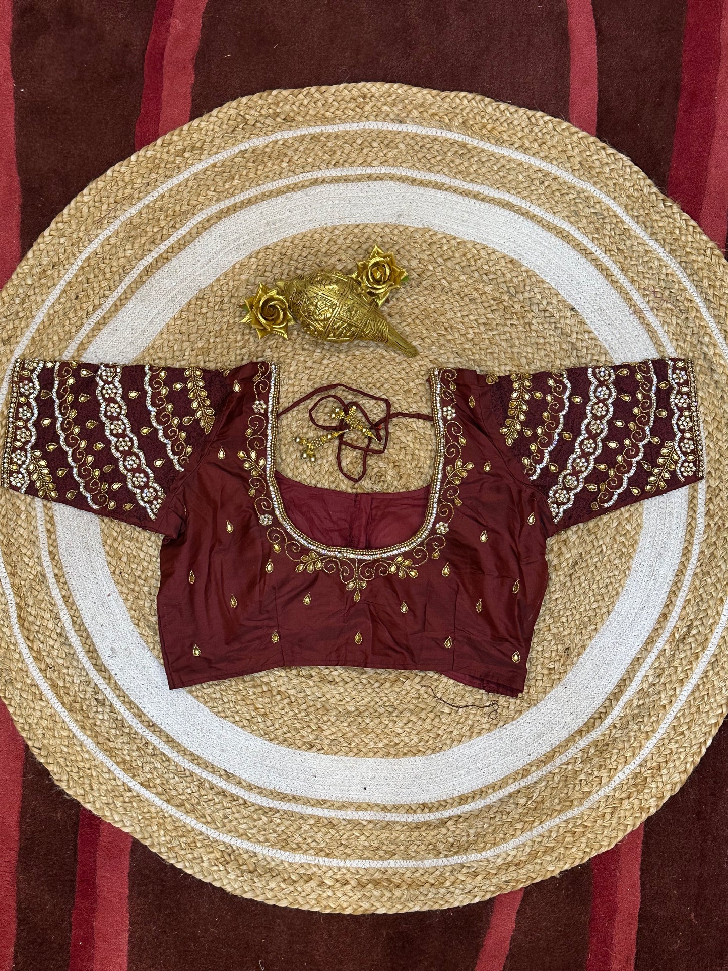 40” Size 10 Aari Worked Sari Blouse Indian Saree Top Silk Maroon B80