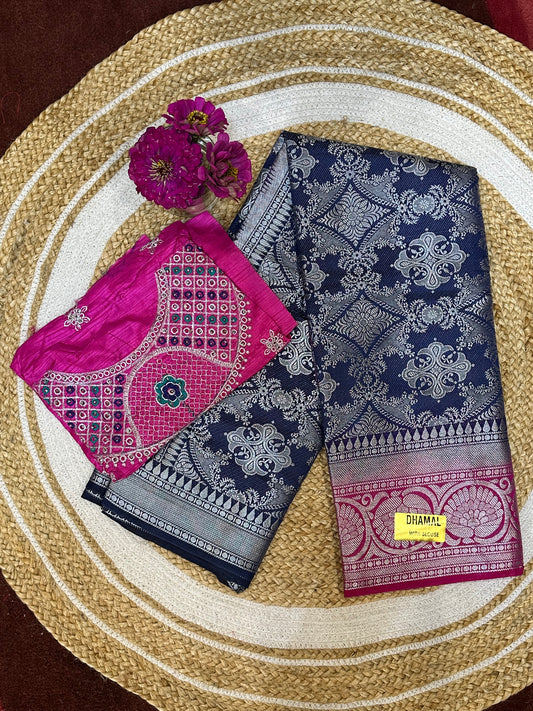 Bangalore Silk Sari Indian Fancy Saree Blue & Pink S68