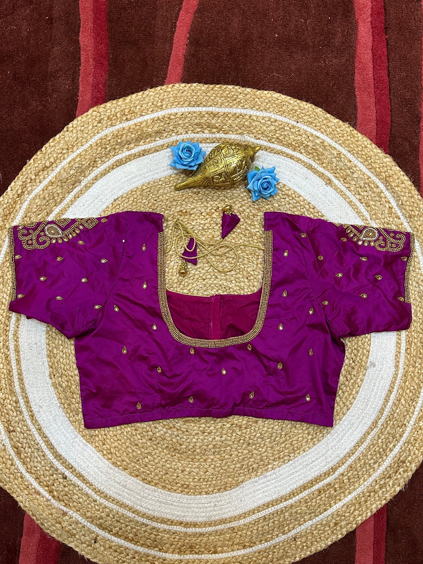 46” Size 16 Aari Worked Sari Blouse Indian Saree Top Silk Purple Magenta B193