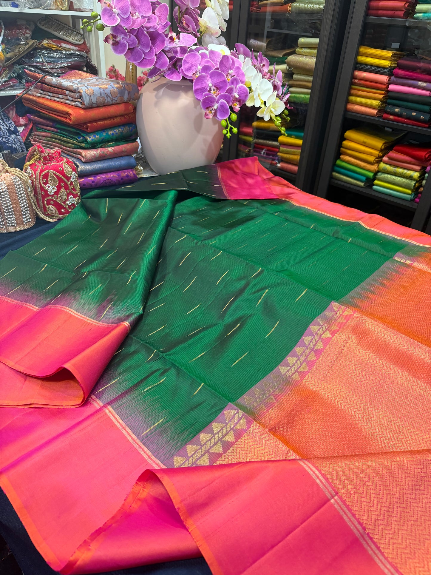 Kanchipuram Soft Silk Saree Pure Silk Sari Green Orange Colour | SS2