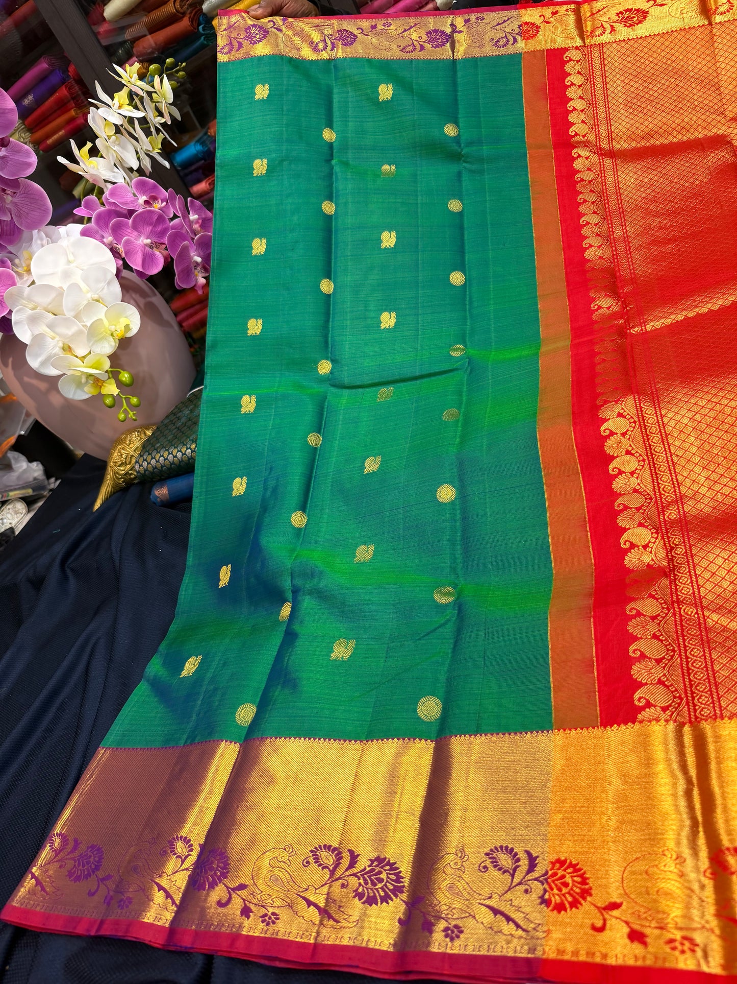 Kanchipuram Pure Silk handloom Saree Indian Kanjivaram Green Red Sari SPK429