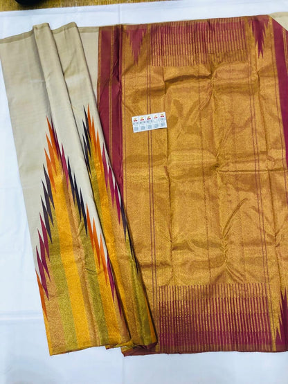 2g Gold Kanchipuram Pure Silk Saree Cream Multi coloured Kanjivaram Sari| SPK134
