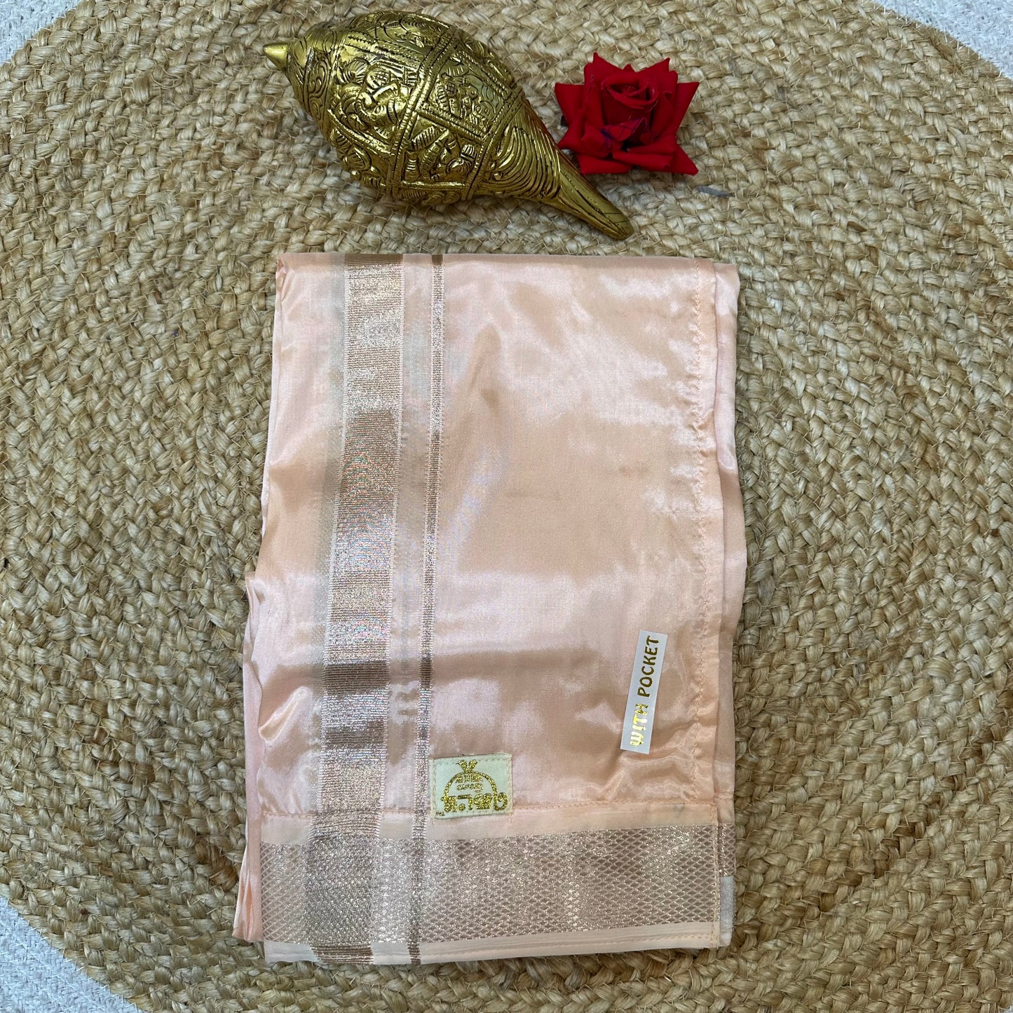 Medium Men’s South Indian Vesti Shirt Shawl Combo Semi Silk Dhotti V8