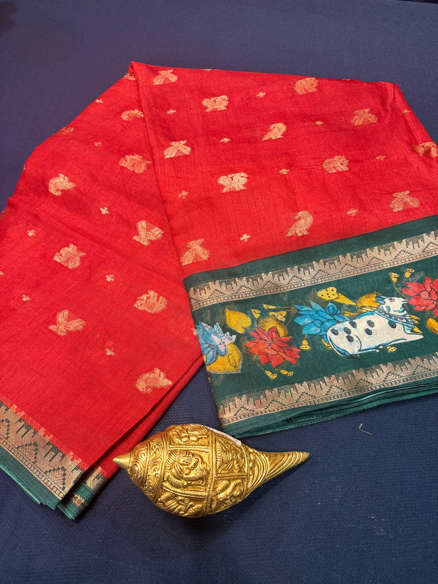 Red & Green Pichwai Silk Sari Indian Fancy Saree C4