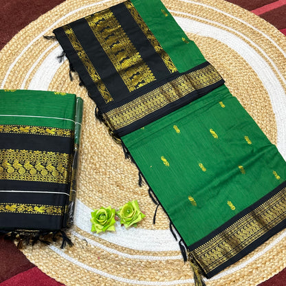 Green and Black Kalyani Silk Cotton Sari South Indian Saree S140