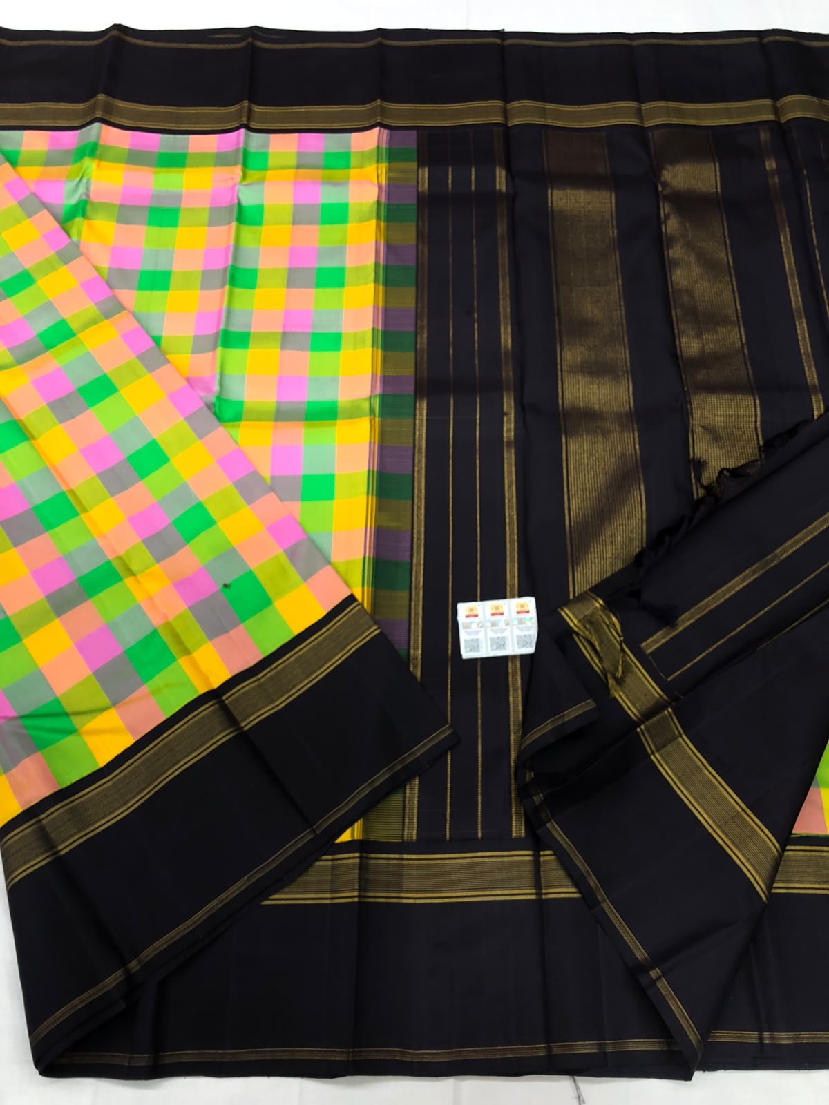 Vintage Kanchipuram Pure Silk Saree Indian Checkered Kanjivaram Sari SPK326