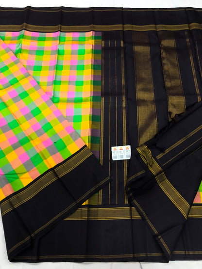 Vintage Kanchipuram Pure Silk Saree Indian Checkered Kanjivaram Sari SPK326