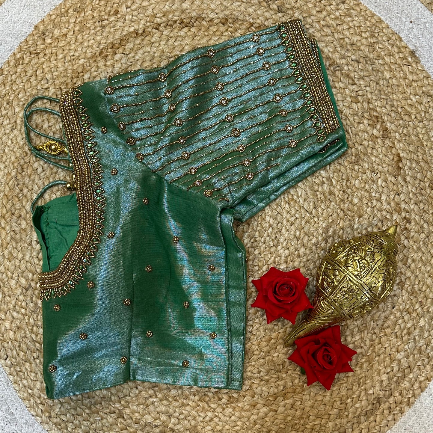 38” M Size 8 Aari Worked Sari Blouse Indian Saree Top Metallic Green B296