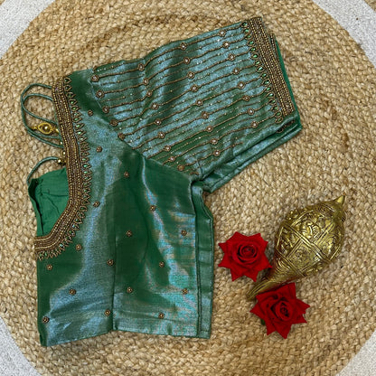 38” M Size 8 Aari Worked Sari Blouse Indian Saree Top Metallic Green B296